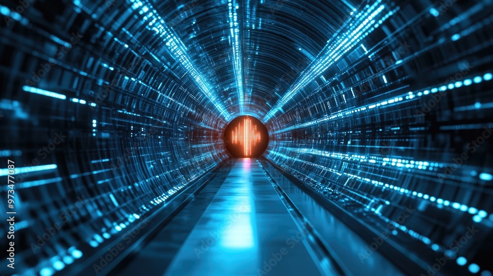 Poster abstract tunnel door illuminated by digital data center light signals representing futuristic comput