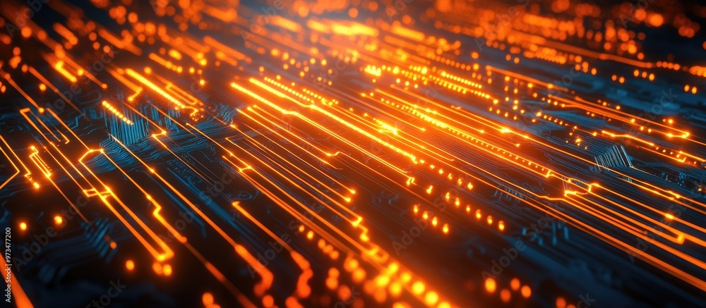 Poster abstract circuit board background in orange representing future technology and cyber security with a