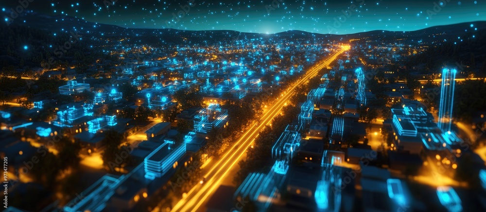 Poster vibrant network transport signals navigating a 3d digital city concept enhanced by data signals in a