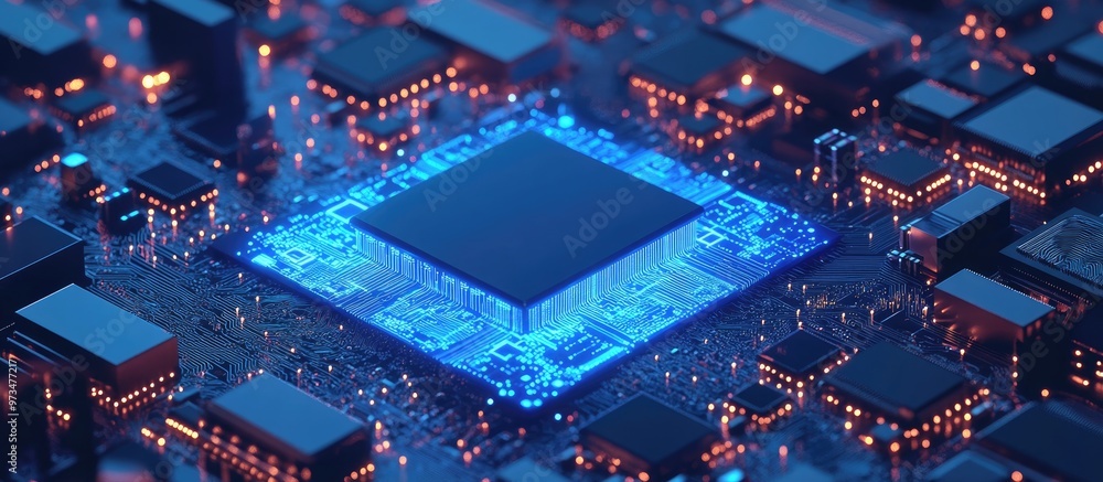 Poster a blue ai chip surrounded by digital circuitry on a white background symbolizing the integration of 