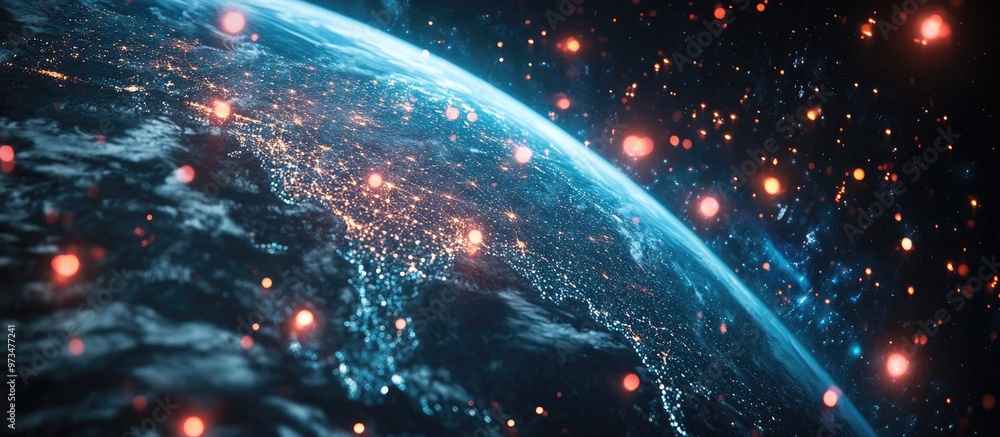 Poster global connectivity of communication technology observed from space highlighting the internet iot cy