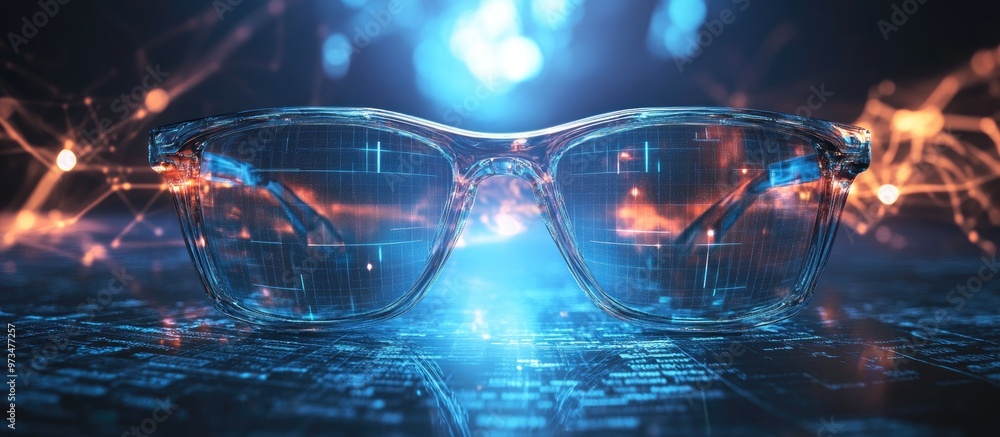 Poster tech hologram with glasses on a table background a representation of technological concepts through 