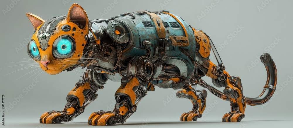 Poster 3d rendering of a robotic feline creature