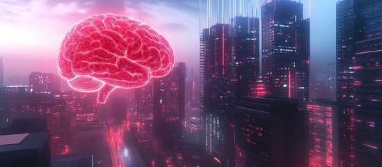 Fototapeta premium Holographic brain illustration overlaid on an urban landscape showcasing the concept of artificial intelligence in contemporary cities