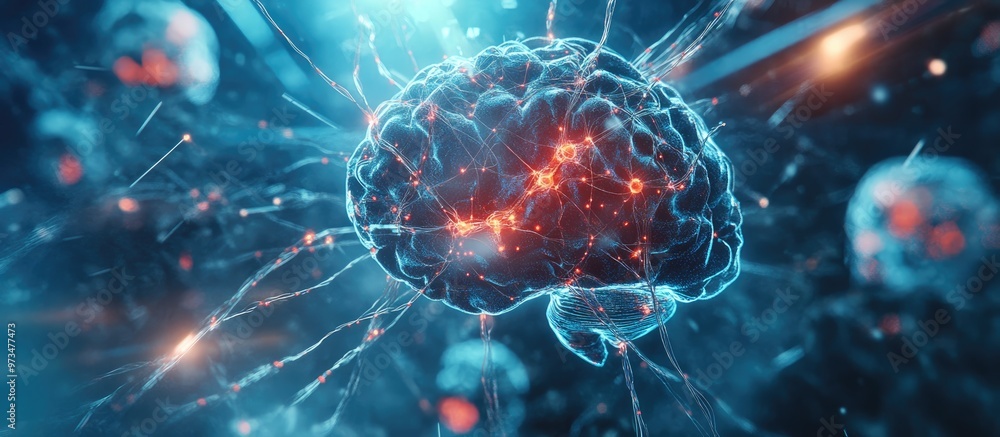 Poster 3d rendering of artificial intelligence showcasing networks of synthetic nerve cells and synapses wi