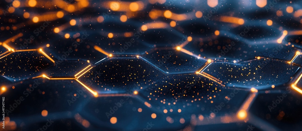 Aufkleber Abstract technology backdrop featuring hexagonal patterns and soft glowing lines against a dark background illustrating concepts of blockchain and artificial intelligence