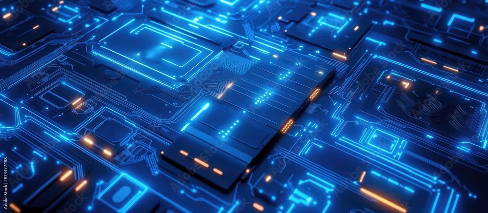 Poster illuminated circuit design on a blue backdrop 3d visualization