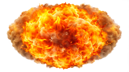 A vibrant explosion with fiery flames and dense smoke, showcasing intense energy and dramatic effects in a dynamic visual. Transparent or white background.