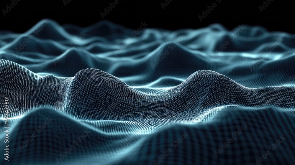 Poster abstract wireframe backdrop featuring a 3d grid landscape digital terrain visualization of mountaino
