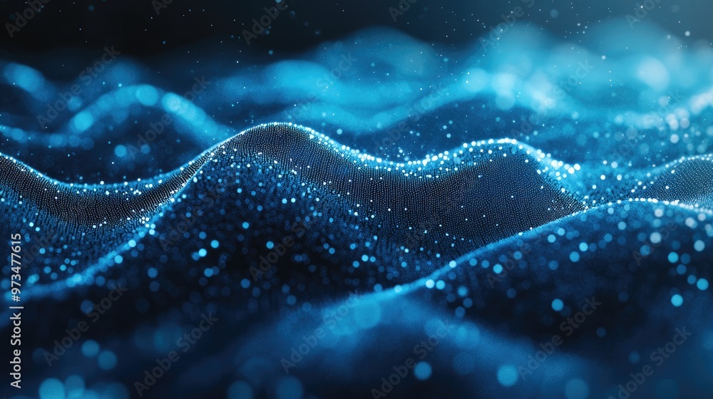 Poster dynamic abstract wave composed of numerous dots and particles representing a technology or science t