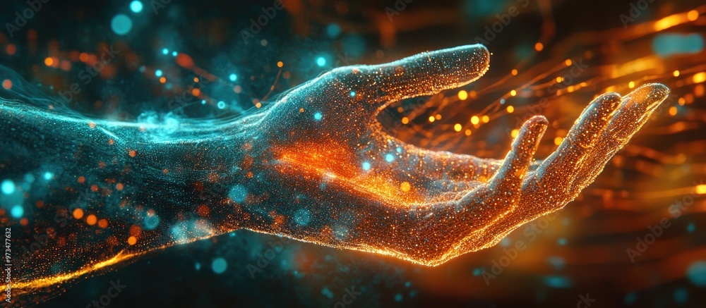 Poster hand interacting with a modern interface representing digital transformation and metaverse concepts 
