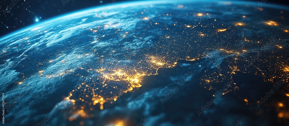Aufkleber satellite view of electric lights across a continent at night depicting global computer networking c