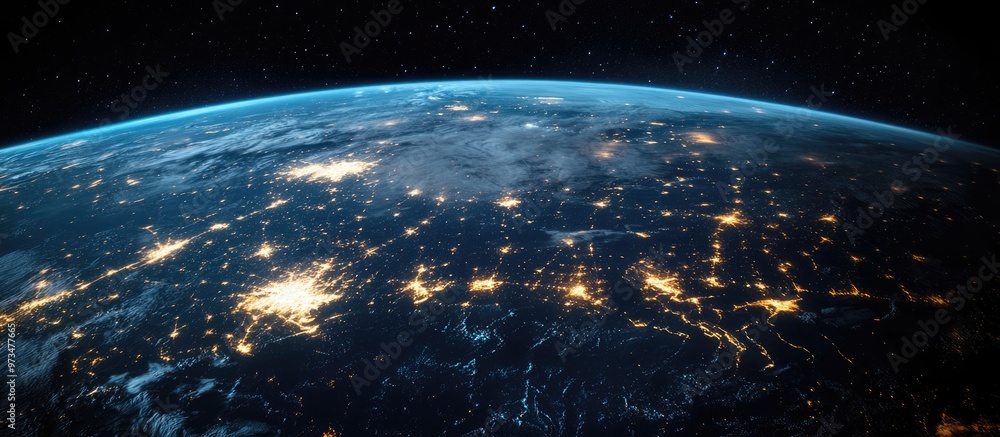 Poster illuminated earth from space showcasing lines of communication conceptual representation of global c