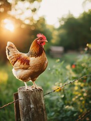 A Brown Hen Perched on a Fence Post in a Rural Setting
