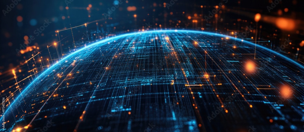 Poster animated digital grid and lines overlay a rotating 3d globe representing big data illustrating globa