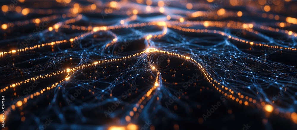 Poster artificial neural network within a cybernetic brain illuminated surface populated with interconnecte