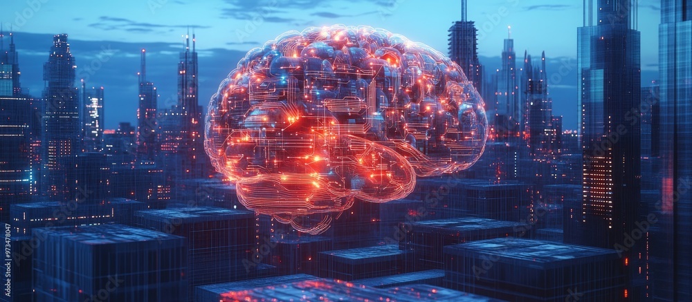 Poster 3d rendering of a digital brain representing artificial intelligence set against a blue urban backdr