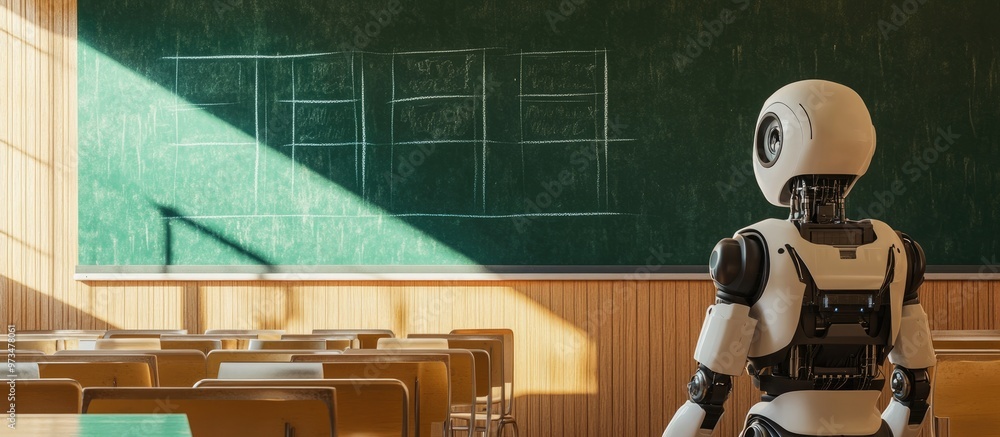 Poster humanoid robot interacting in a classroom setting featuring a green chalkboard 3d rendering
