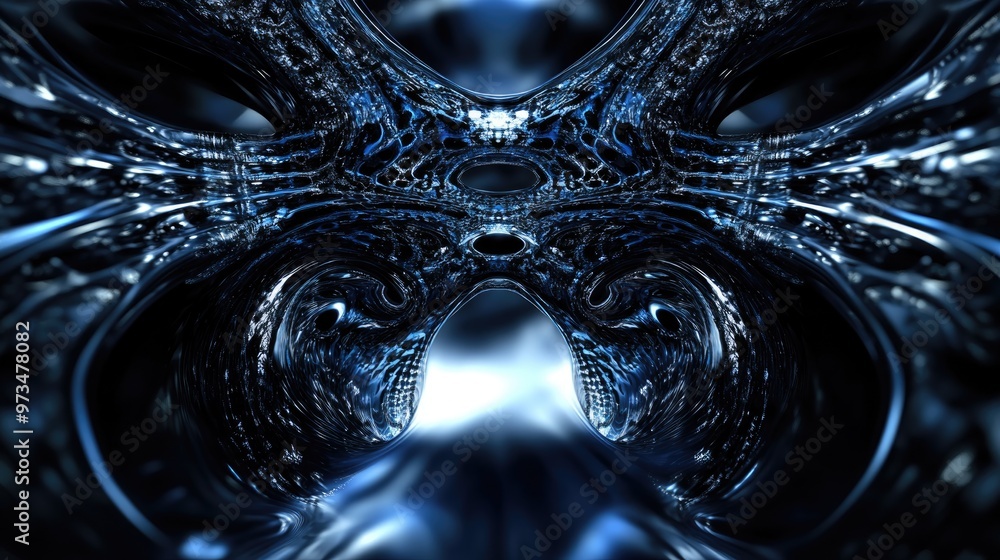 Poster abstract black and blue fractal graphic reflecting a symbol creating a meditative design effect for 