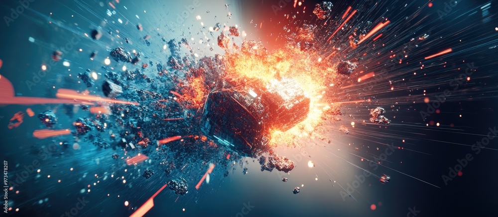Poster 3d rendering of an ai robot explosion featuring a pixelated visual effect