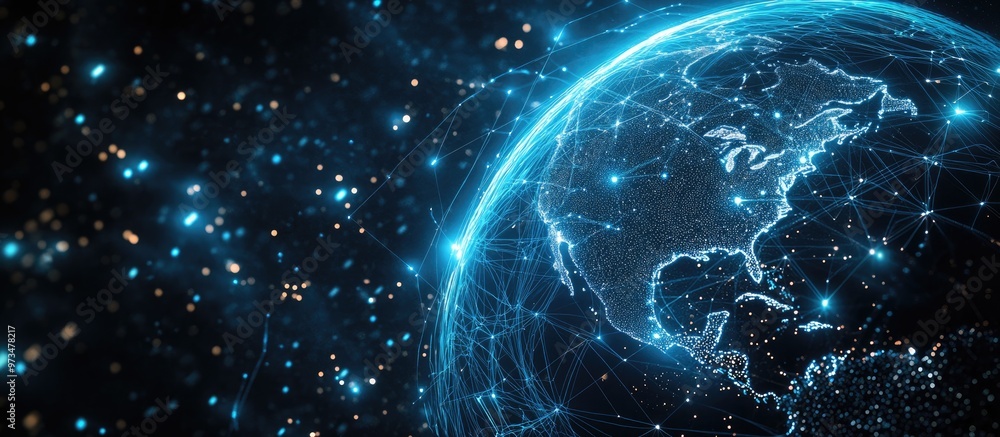 Poster digital planet earth in blue with interconnected network lines represents concepts of connectivity t