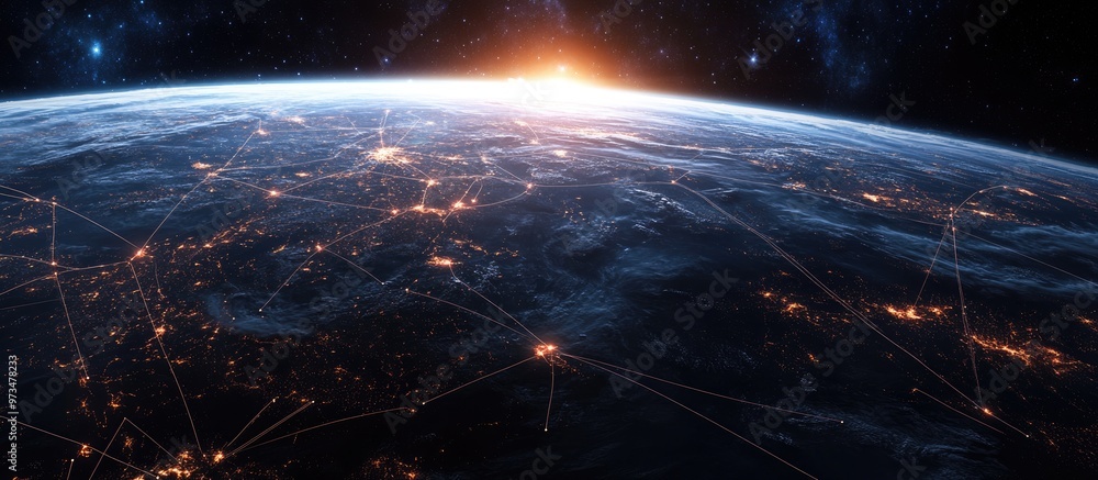 Poster illuminated earth from space showcasing lines of communication conceptual representation of global c