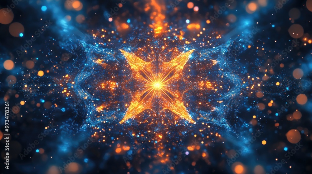 Poster abstract kaleidoscopic background made of particles vibrant 3d rendering design