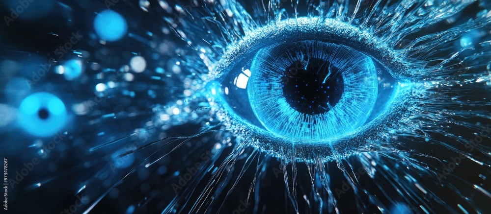 Poster abstract blue illustration depicting high speed internet technology with an eye scan and virus conce