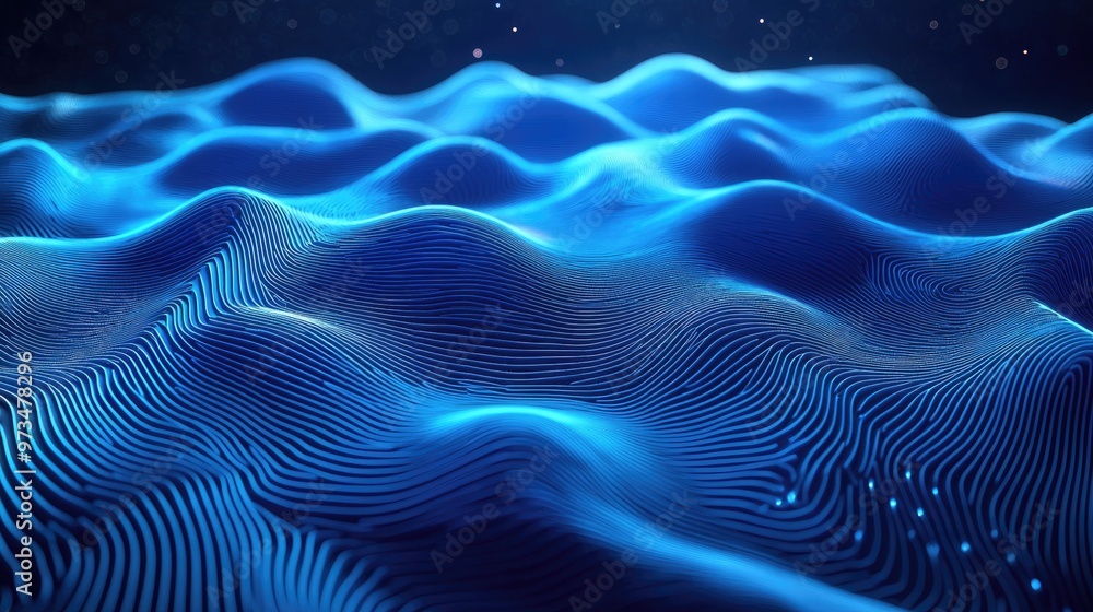 Poster abstract blue futuristic background featuring intersecting wavy lines in a cosmic setting
