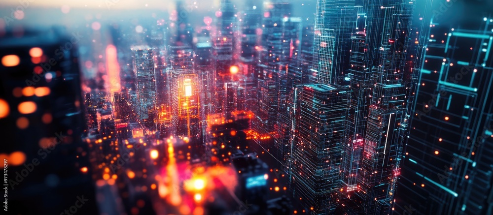 Poster futuristic cyberpunk style illustration featuring an abstract modern cityscape with a glitch effect 