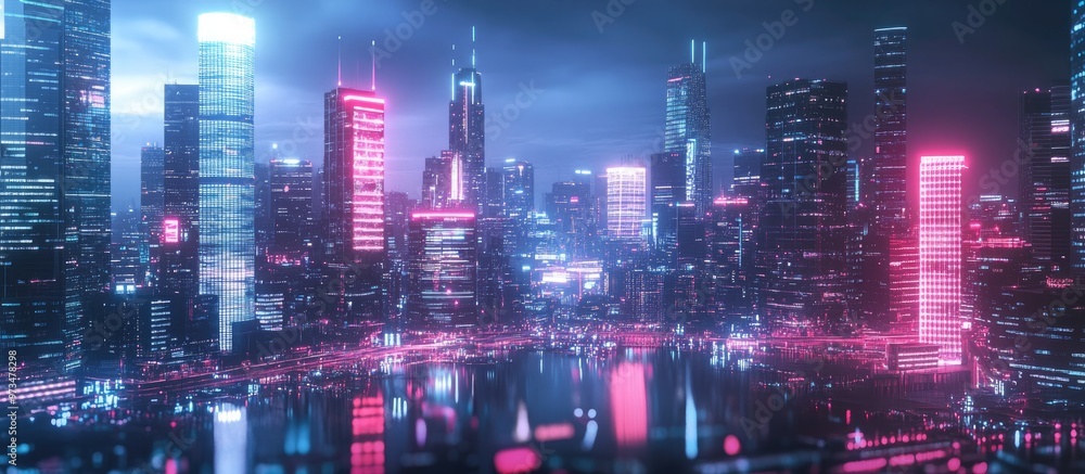 Poster panoramic view of downtown skyscrapers and a harbor area with a focus on ai machine learning and neu