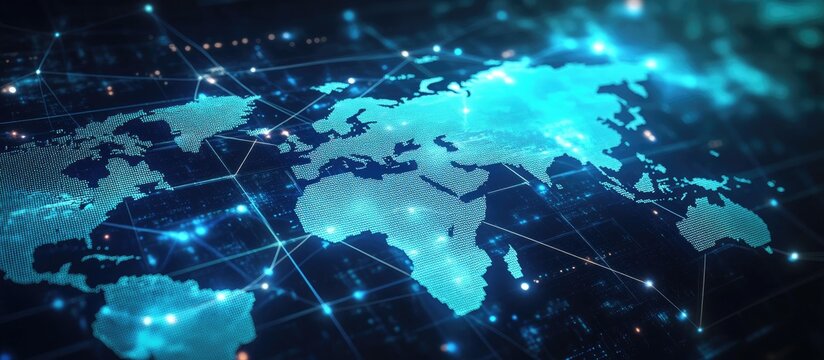 Abstract digital world map graphic featuring connections on a contemporary computer backdrop representing the concept of globalization through multi exposure techniques