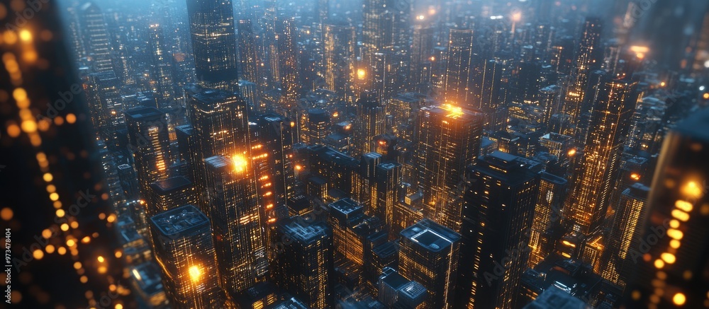 Poster complex aerial city skyline featuring an artificial intelligence network big data concepts and a tec