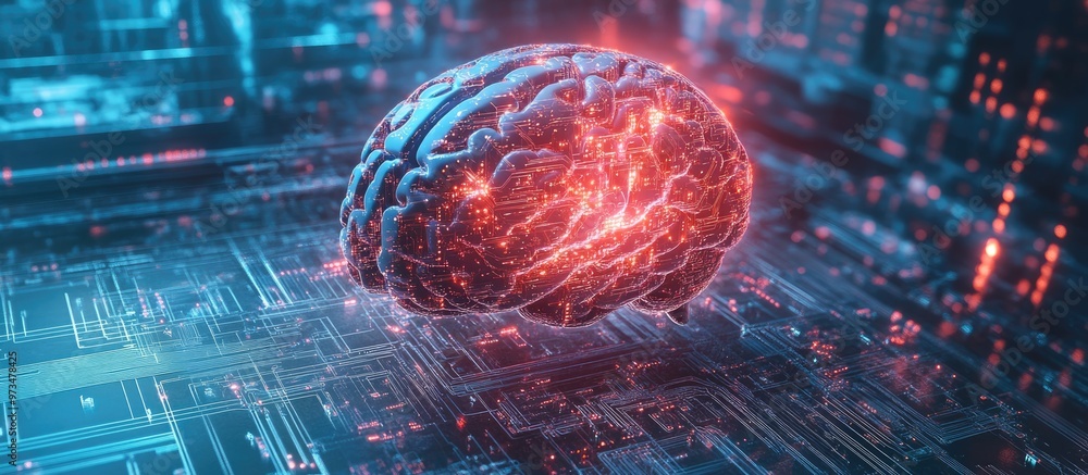 Poster double exposure featuring a creative brain microcircuit intertwined with a technological backdrop co