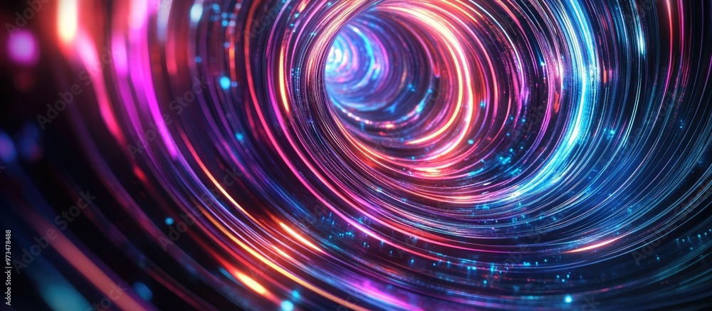 Poster abstract neon circular lines in a space setting featuring a contemporary 3d rendered background and 