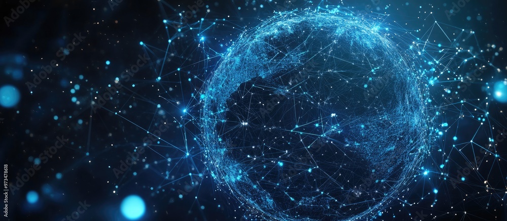 Poster holographic globe featuring interconnected nodes illustrating global network connections communicati