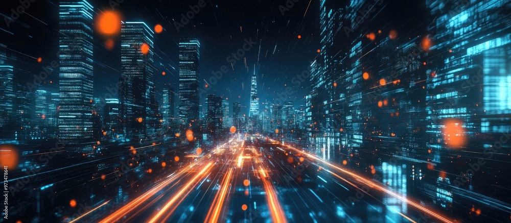 Poster illuminated cityscape with glowing light trails representing connection and advanced technology in a