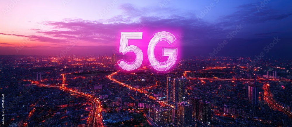 Poster 5g connectivity concept depicted against a panoramic city view highlighting networking and connectio