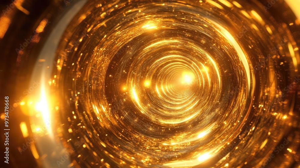 Poster abstract golden backdrop featuring shimmering circles and gloss radiant tunnel with spherical design