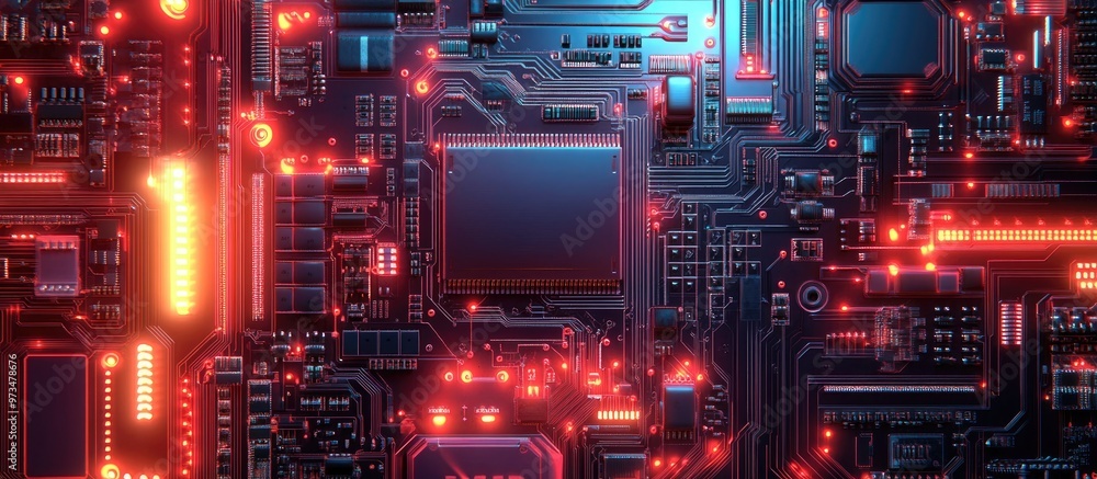 Poster close up view of an electronic circuit board background featuring components like a logic board and 