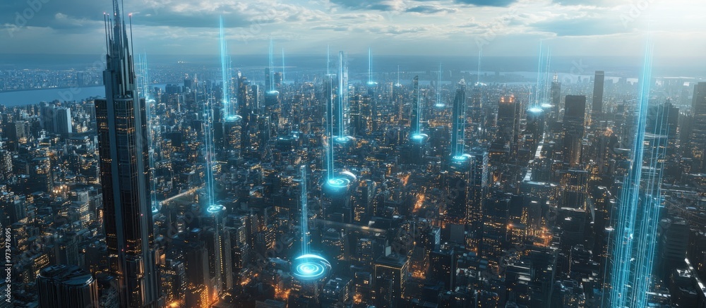 Poster smart city concepts with advanced communication networks featuring 5g technology and low power wide 
