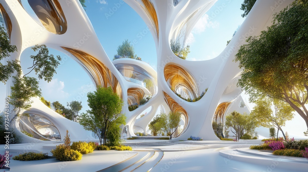 Poster modern architectural structure with unique design features and vibrant surroundings