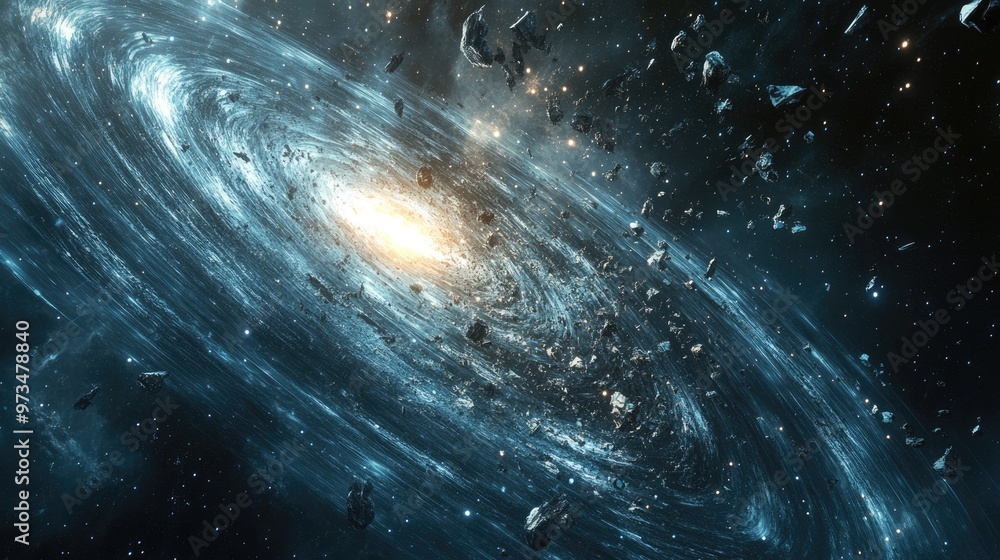 Poster abstract depiction of a galaxy s star whirlwind featuring fragmented elements in space through 3d re