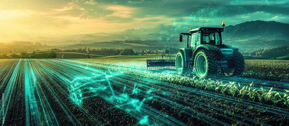 Poster futuristic digital technology in smart agriculture utilizing ai machine learning digital twins 5g bi
