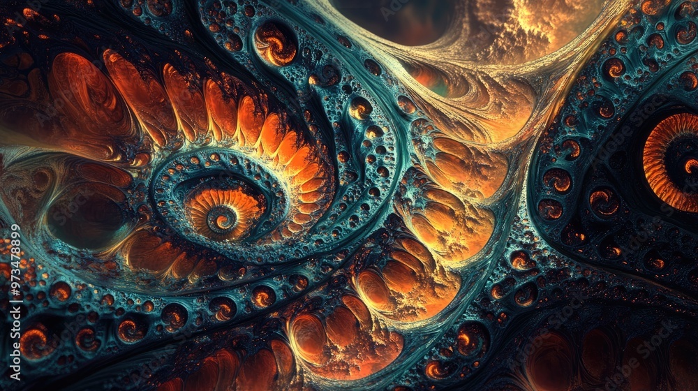 Poster abstract digital fractal design with a fantasy theme featuring intricate patterns and vibrant colors