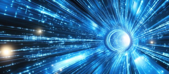 Obraz premium Futuristic background with dynamic light streaks Abstract representation of warp or hyperspace motion featuring star trails and particle light lines in a blue technology tunnel