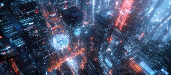 Aerial panoramic view of a cityscape featuring urban architecture and elements representing artificial intelligence including holograms robotics and neural networks