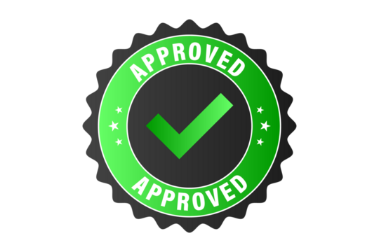 Vibrant Green Approved LABEL with Shiny Stars and Ribbon Banner, product stamp, eco label PNG BACKGROUND