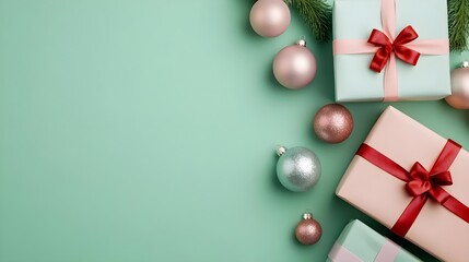 Christmas Gift Boxes and Ornaments on Mint Background