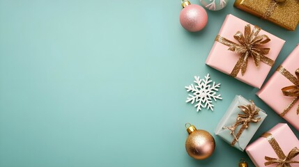 Christmas Gift Boxes and Ornaments on Mint Background